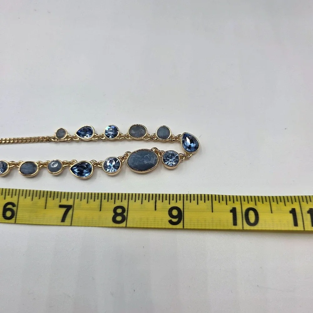 DKNY Gold Tone Blue Crystal Graduated Station‎ Necklace Choker Jewelry Used